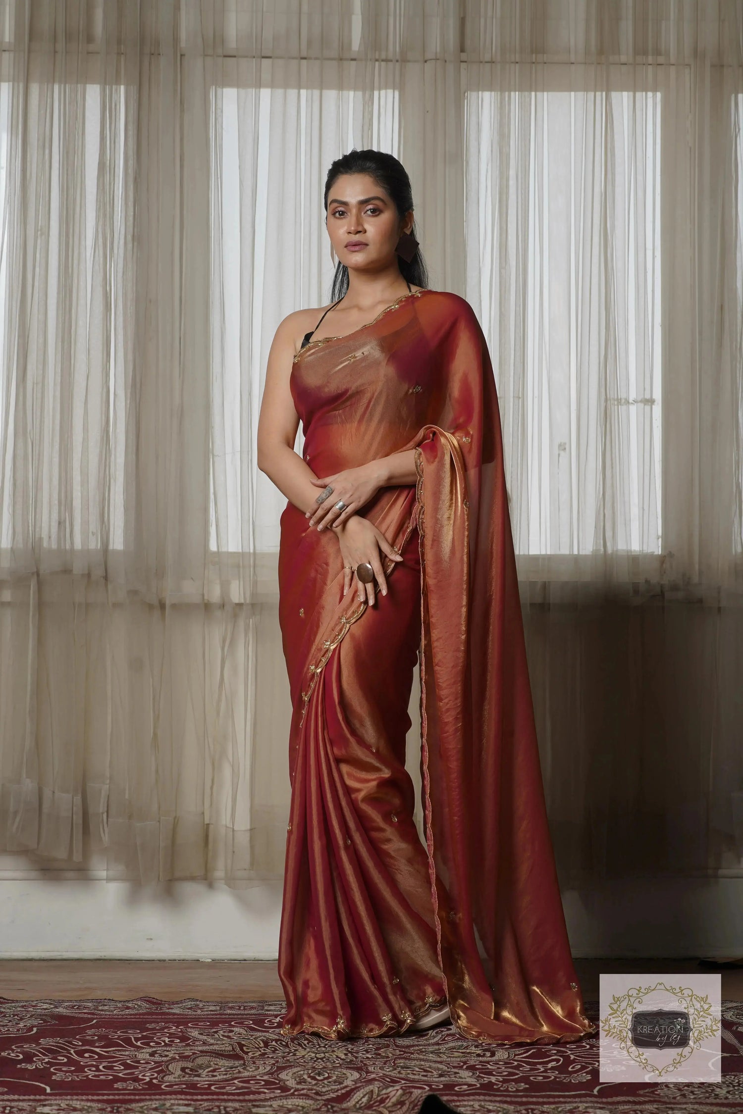 Hot Pink Metallic Shimmer Satin Sequin Piyali Saree kreationbykj