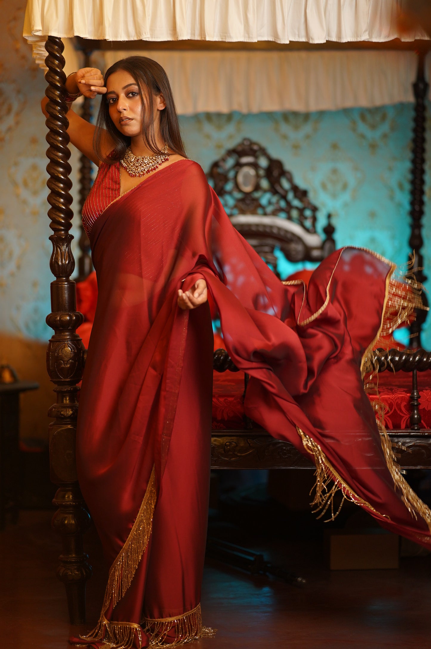 Maroon Charm Tassles Cocktail Saree