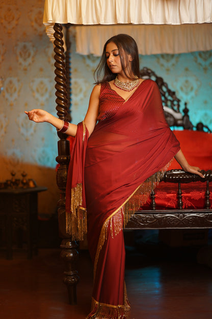 Maroon Charm Tassles Cocktail Saree