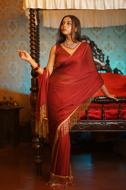 Maroon Charm Tassles Cocktail Saree