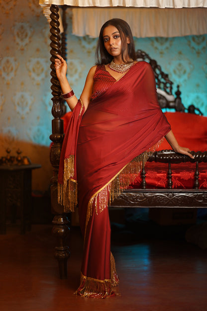 Maroon Charm Tassles Cocktail Saree