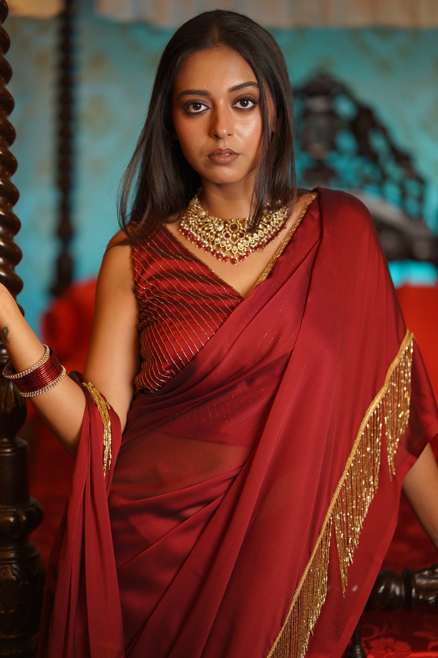 Maroon Charm Tassles Cocktail Saree