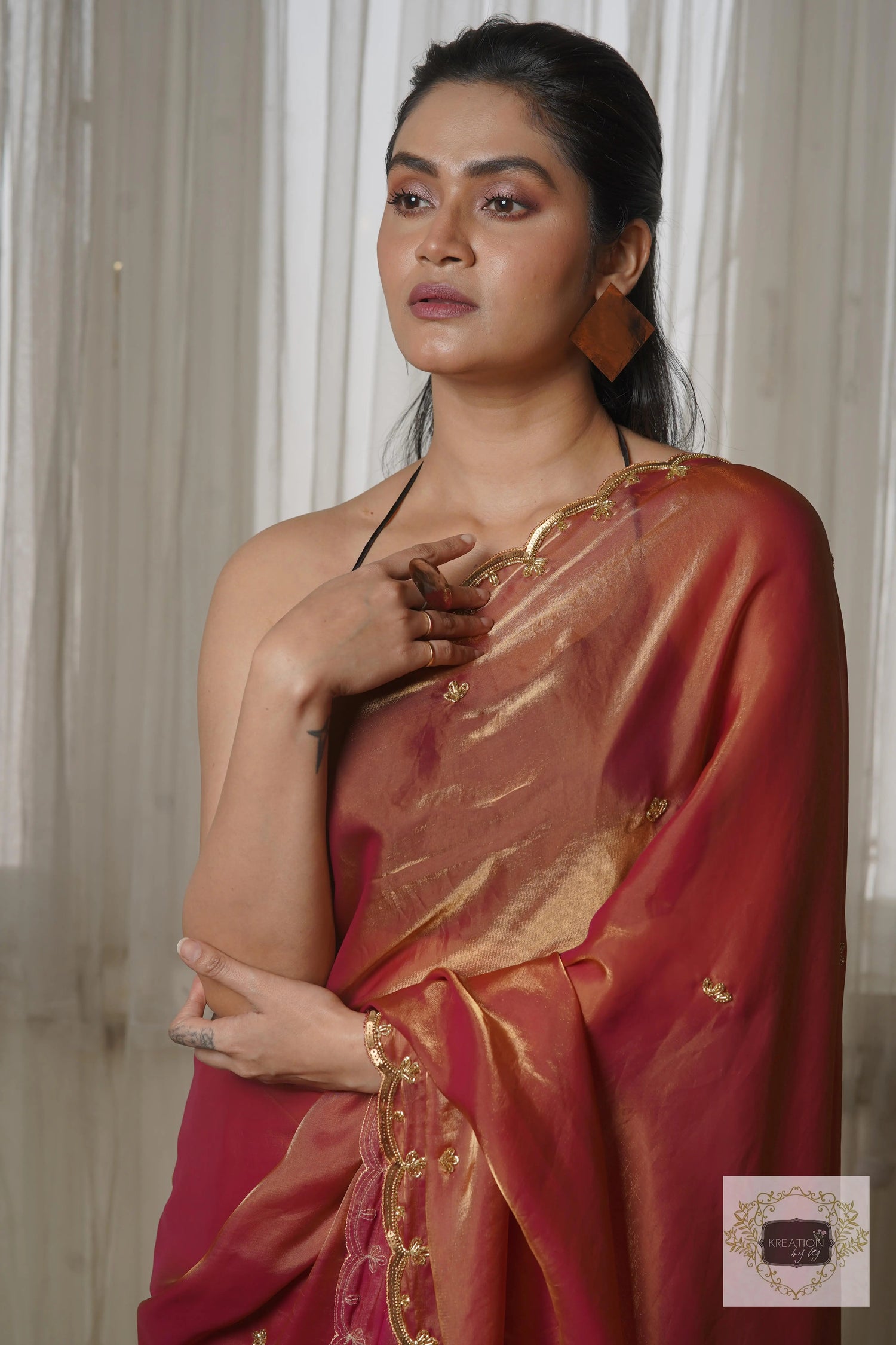 Hot Pink Metallic Shimmer Satin Sequin Piyali Saree kreationbykj