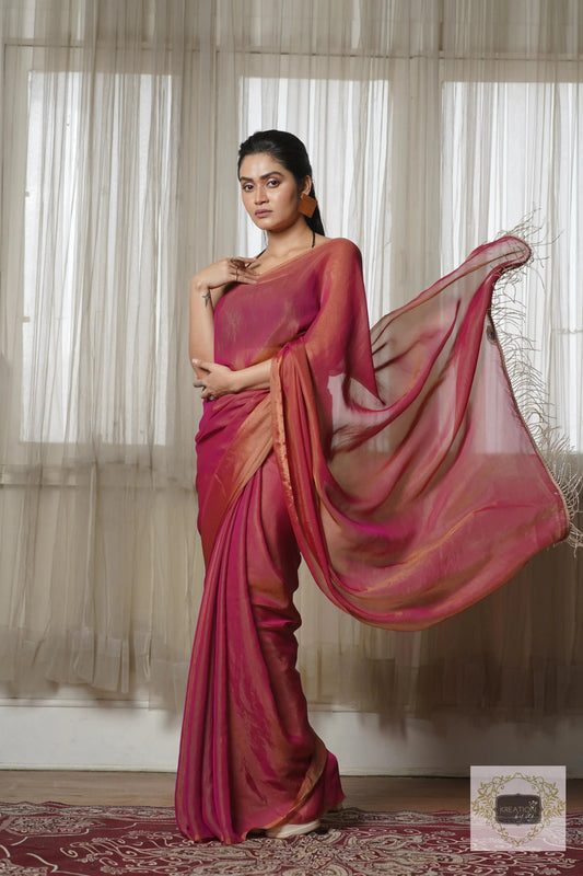 Molten Hot Pink Metallic Shimmer Satin Cocktail Saree kreationbykj