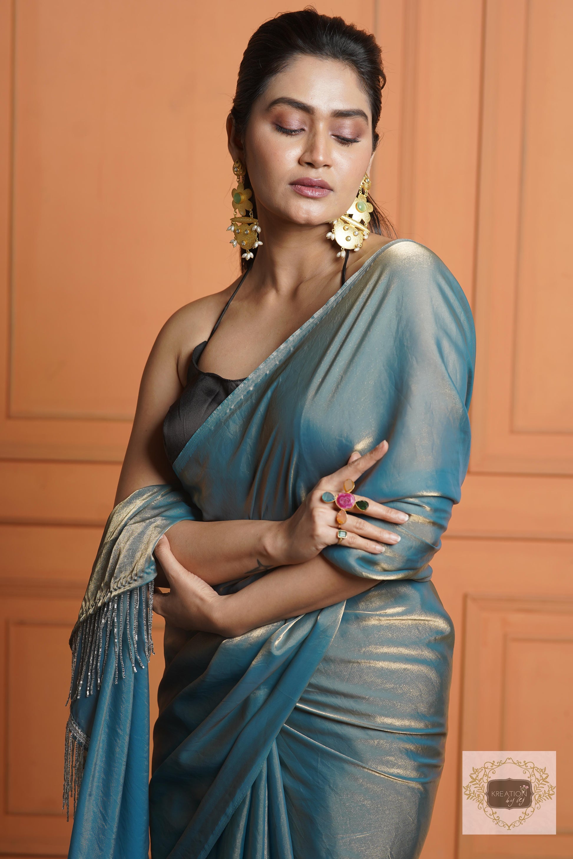 Teal Blue Shimmer Satin Saree – kreationbykj