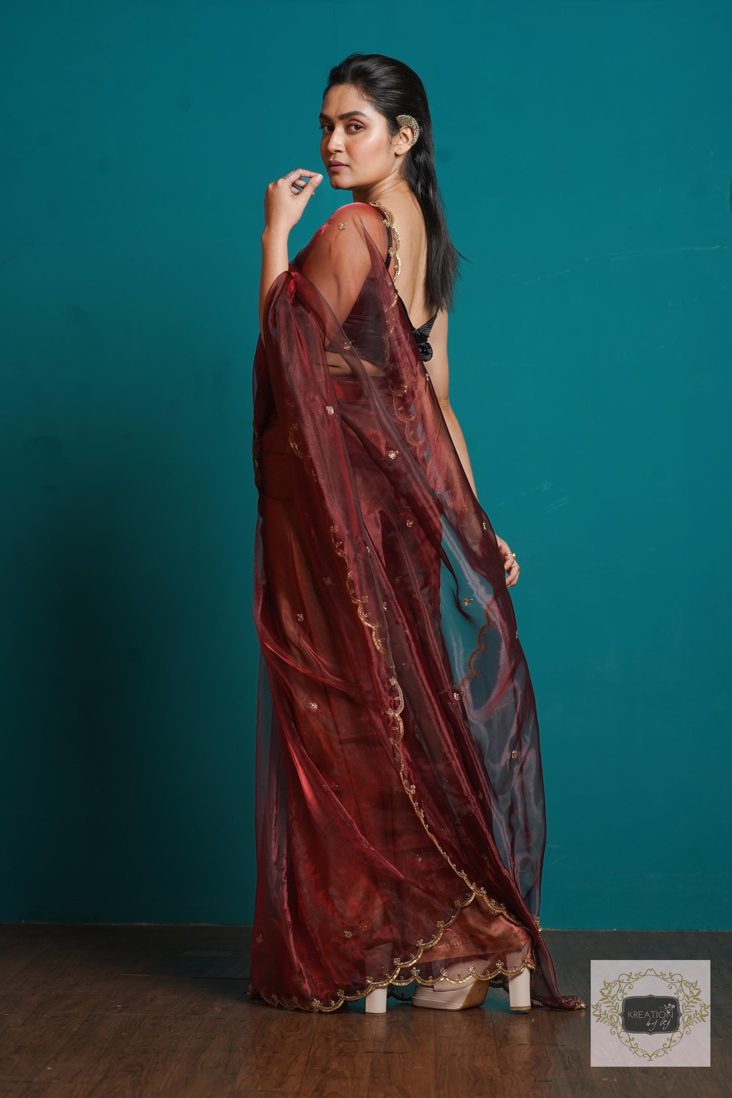 Maroon Glass Tissue  Sequins Piyali Saree