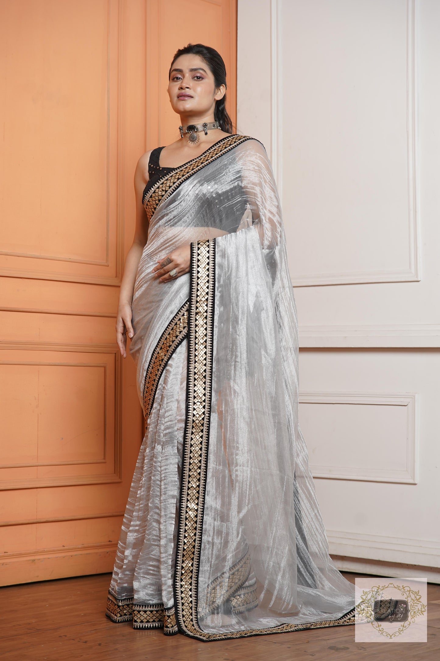 Silver Zari Tissue Saree with Black Border