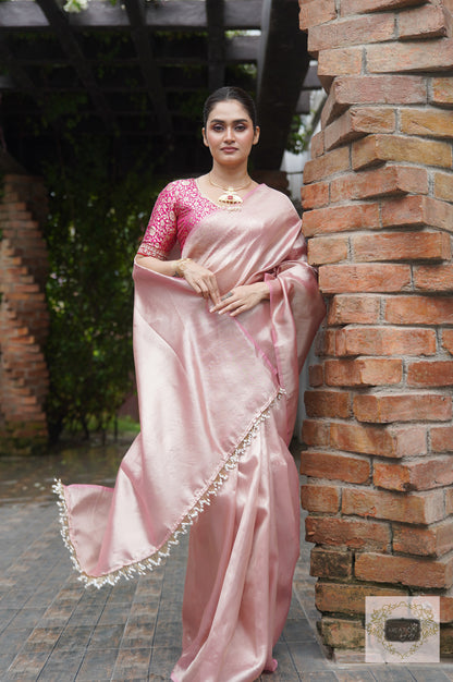 Orchid Rose Pink Tissue Silk Saree