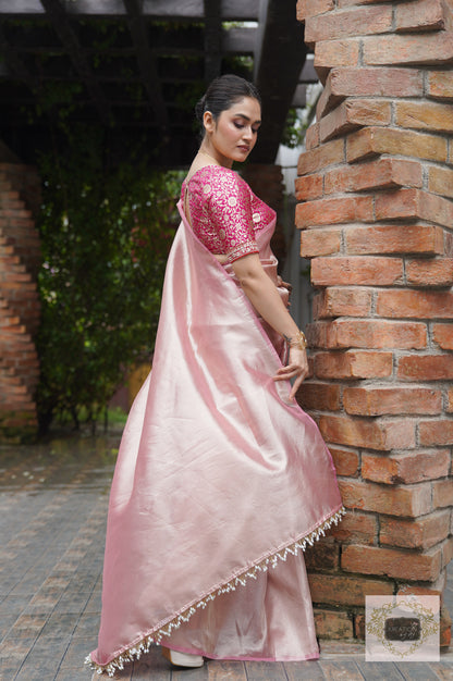 Orchid Rose Pink Tissue Silk Saree