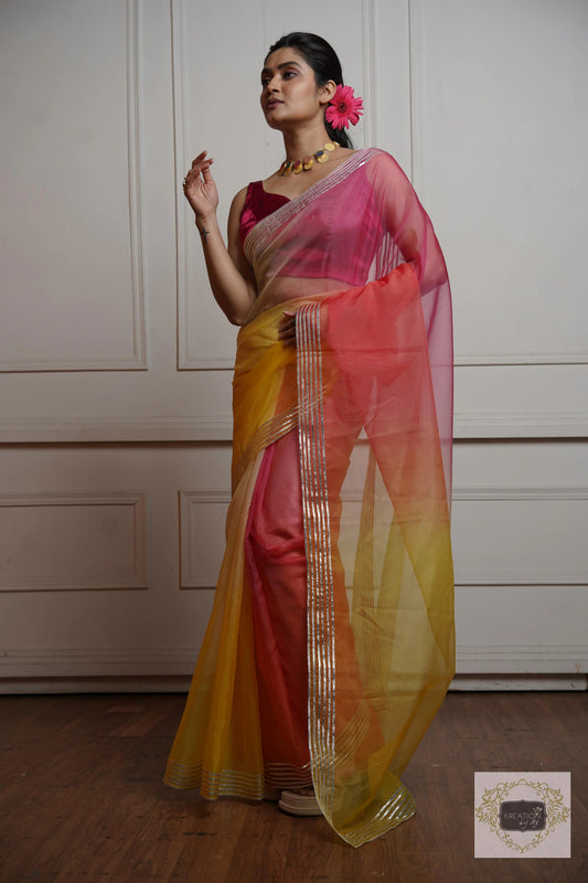 Sicilian Sunset Ombré Silver lining Saree With Gota Patti Handwork kreationbykj