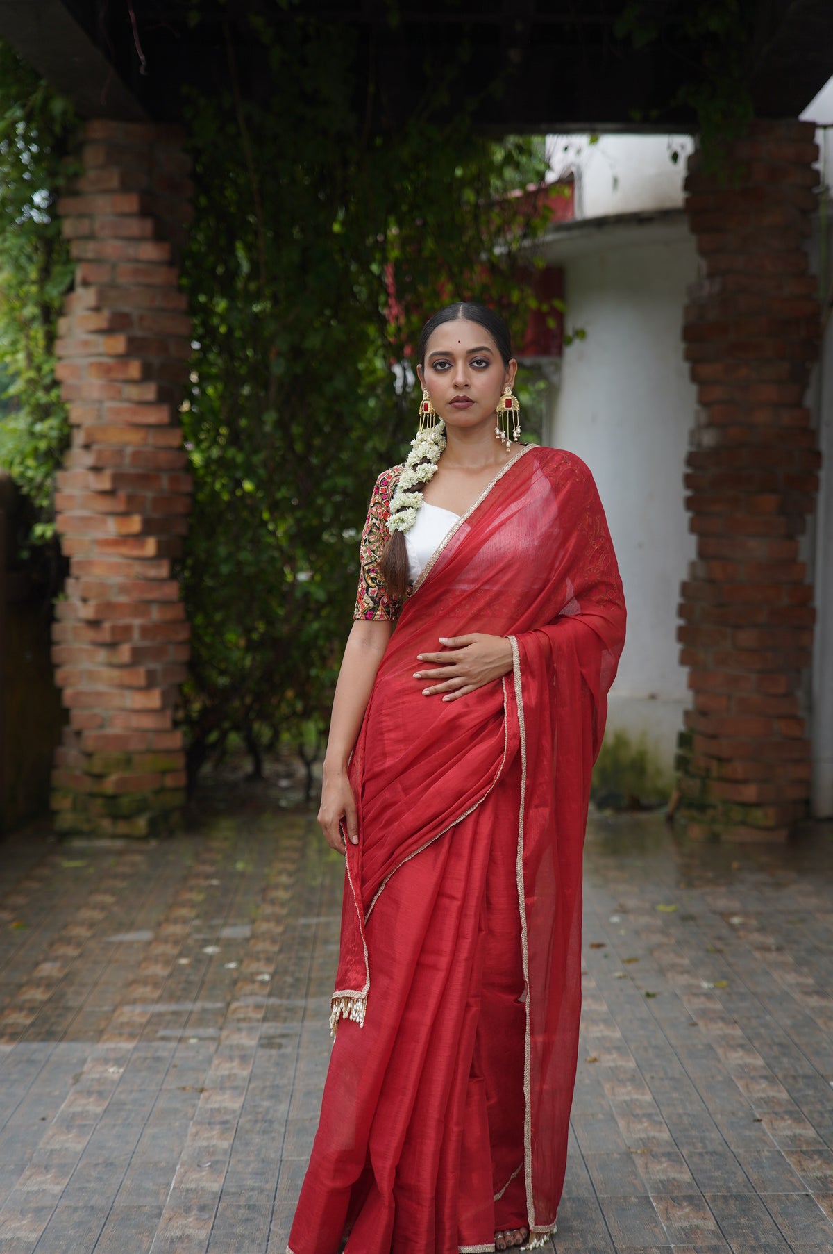 Kumkum Red Cotton Tissue Saree