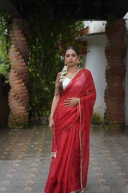 Kumkum Red Cotton Tissue Saree
