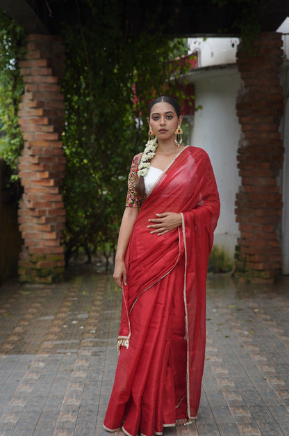 Kumkum Red Cotton Tissue Saree