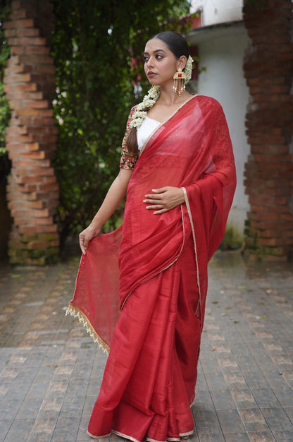 Kumkum Red Cotton Tissue Saree