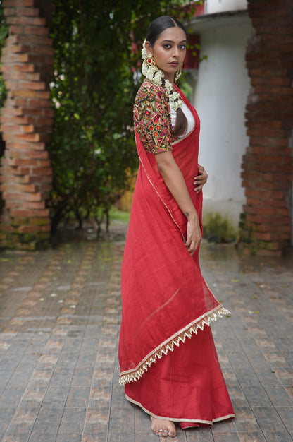Kumkum Red Cotton Tissue Saree