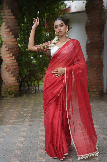 Kumkum Red Cotton Tissue Saree