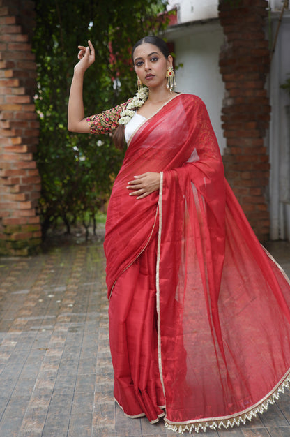 Kumkum Red Cotton Tissue Saree