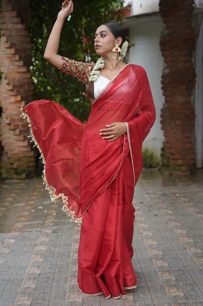 Kumkum Red Cotton Tissue Saree