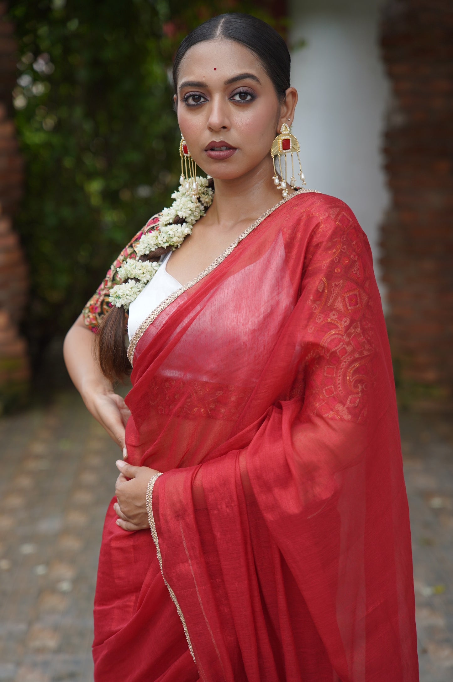 Kumkum Red Cotton Tissue Saree