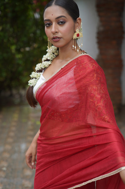 Kumkum Red Cotton Tissue Saree