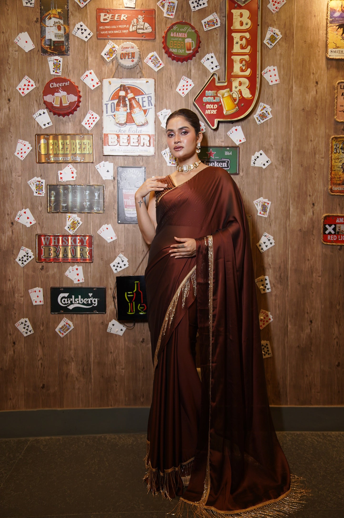 Coffee Brown Charm Tassels Cocktail Saree