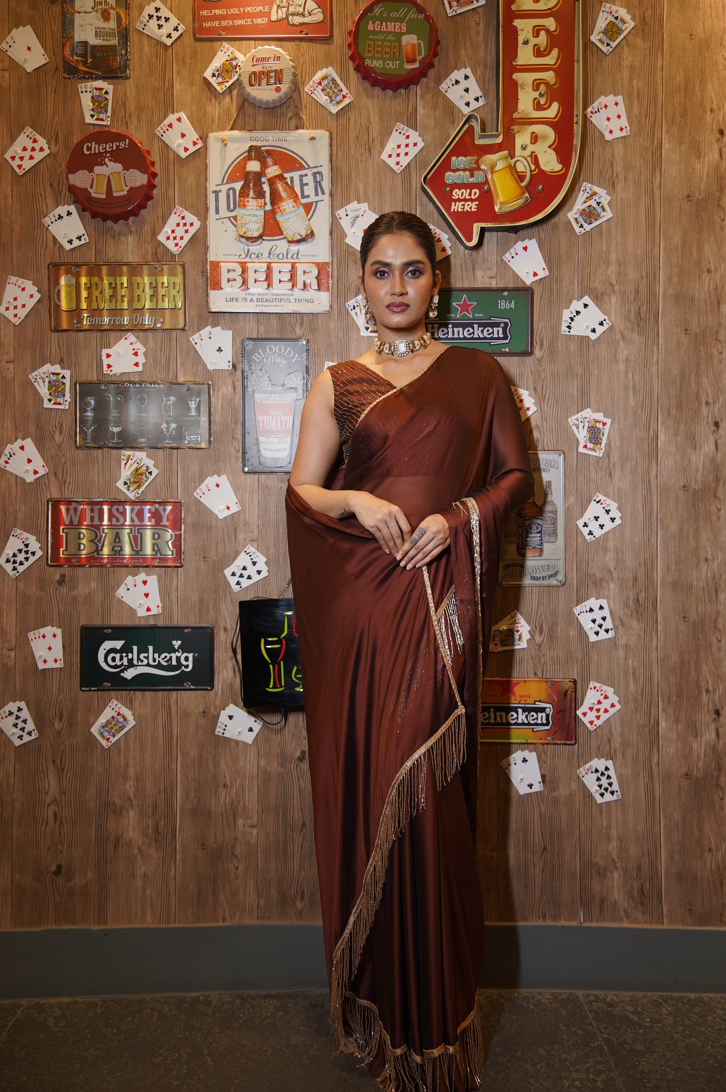 Coffee Brown Charm Tassels Cocktail Saree