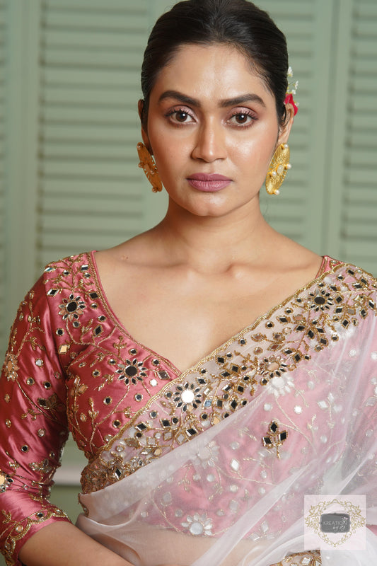 White Organza Sheesh Mahal Saree kreationbykj