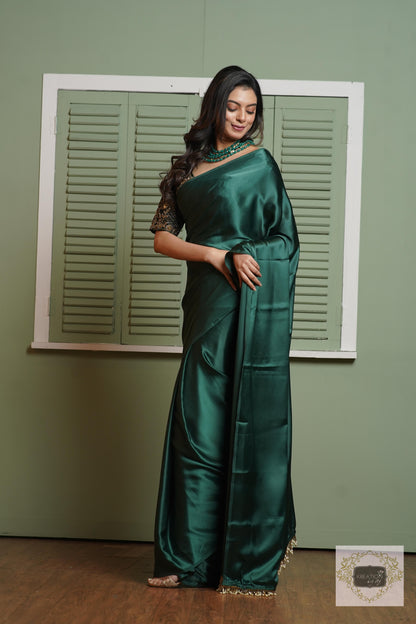 Emerald Green Satin Silk Saree With Handmade Tassels On Pallu