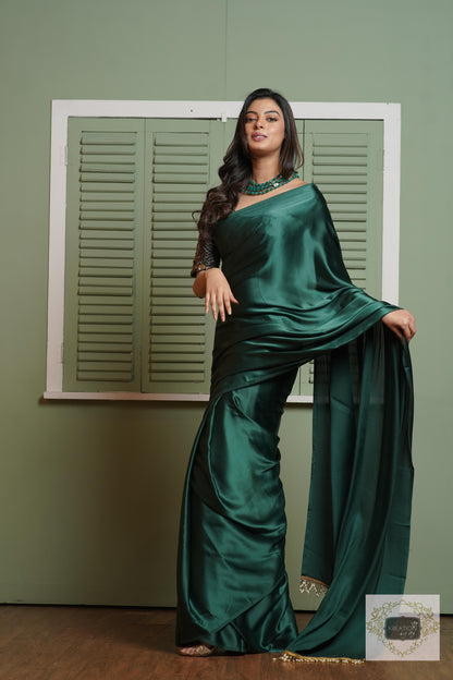 Emerald Green Satin Silk Saree With Handmade Tassels On Pallu