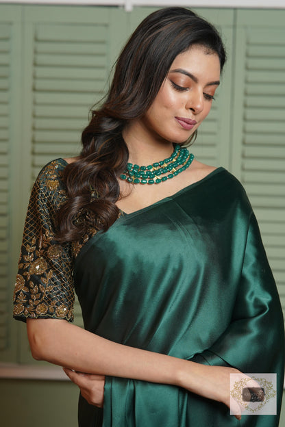 Emerald Green Satin Silk Saree With Handmade Tassels On Pallu