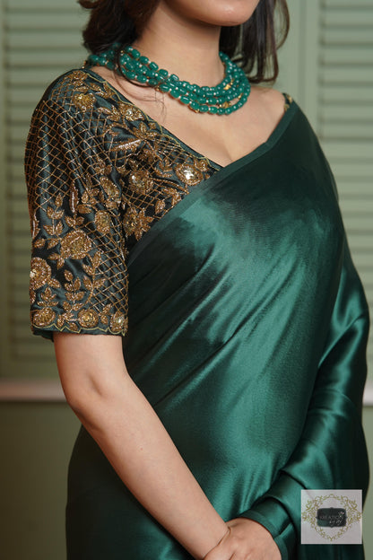 Emerald Green Satin Silk Saree With Handmade Tassels On Pallu