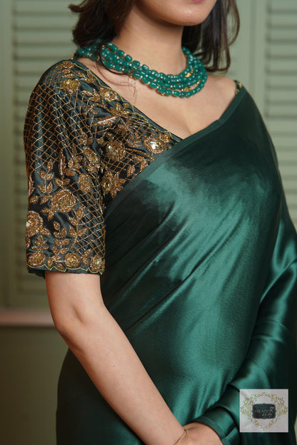 Emerald Green Satin Silk Saree With Handmade Tassels On Pallu