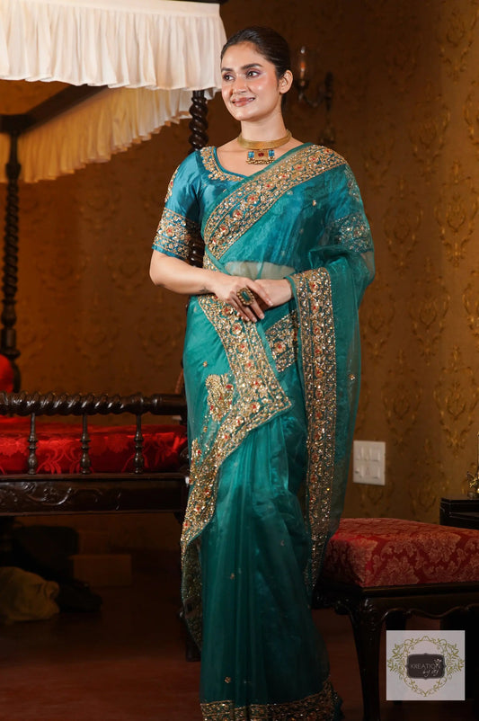 Teal Blue Organza Tissue Prajoti