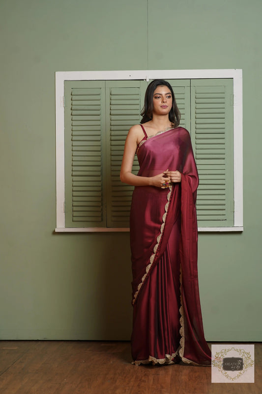 Merlot Ombre Saree with Scallop Border kreationbykj