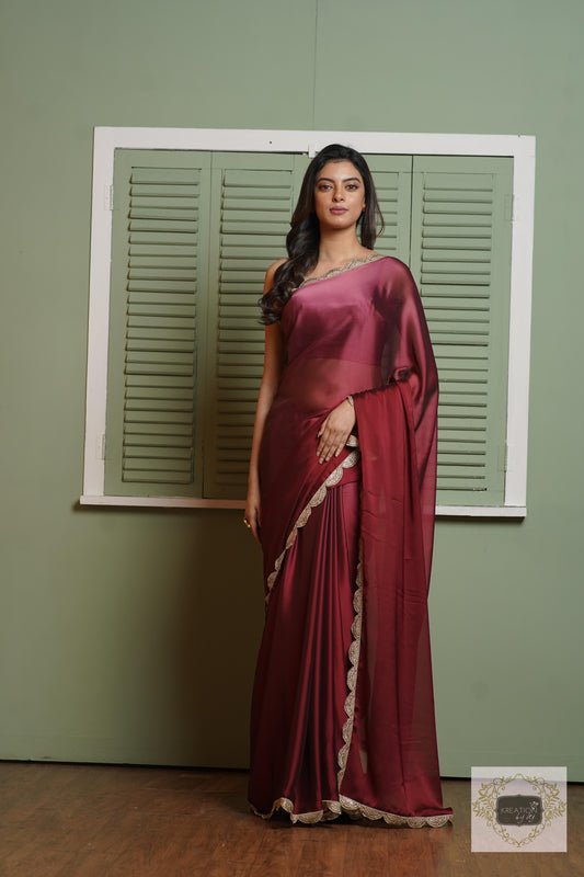 Merlot Ombre Saree with Scallop Border kreationbykj