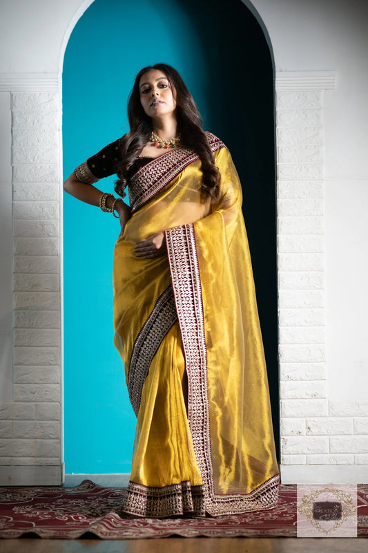 Golden Zari Tissue Saree with Maroon Border kreationbykj