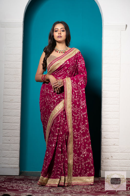 Hot Pink Velvet Saree