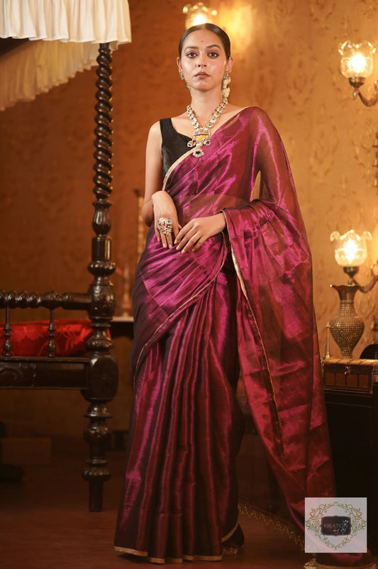 Gyana Wine Cotton Tissue Saree kreationbykj