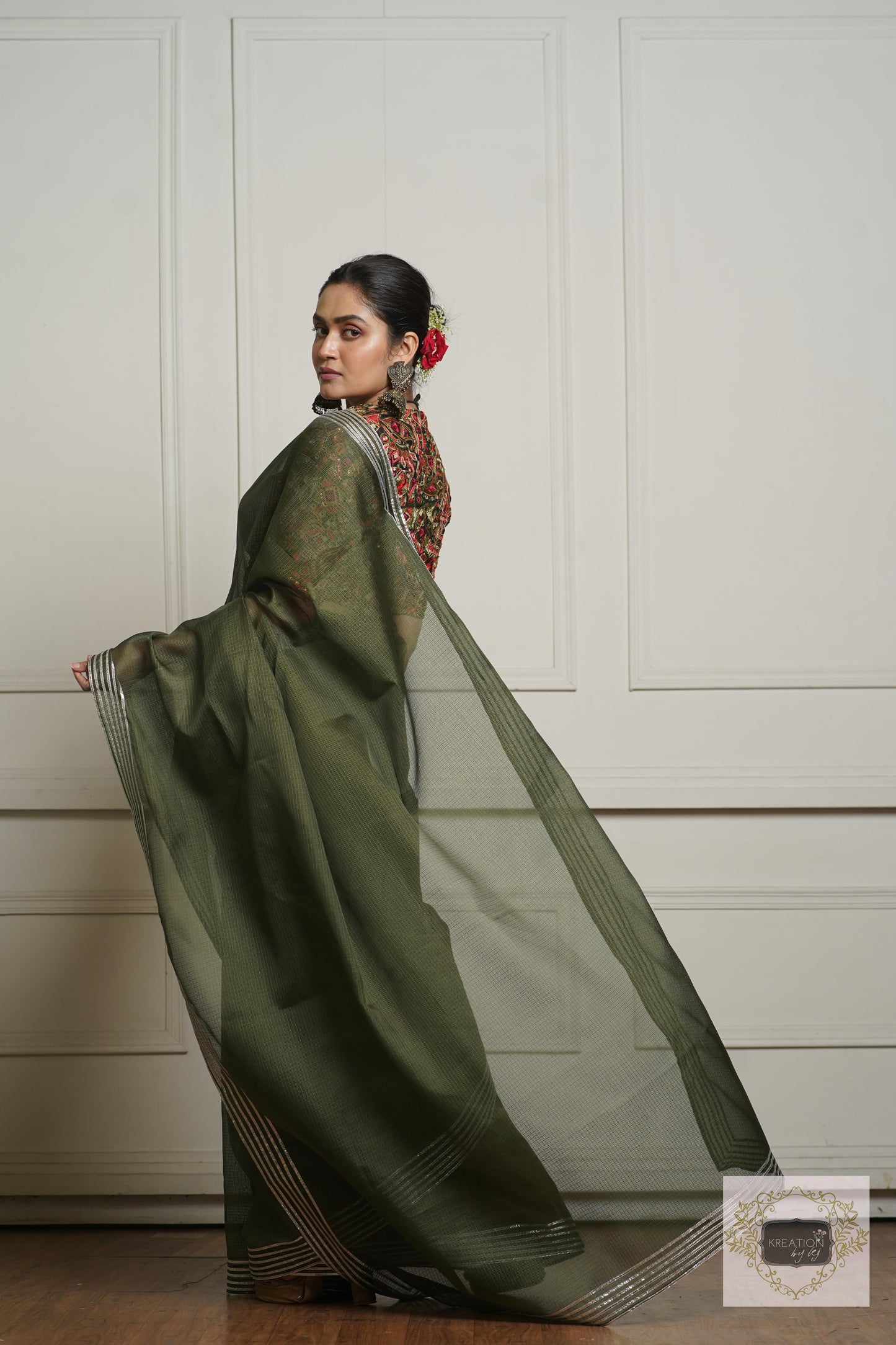 Olive Green Kota Silver Lining Saree