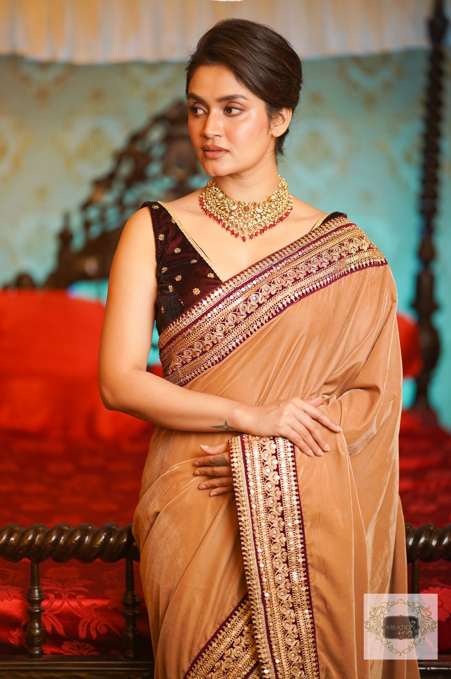 Beige Velvet Saree With Burgundy Border