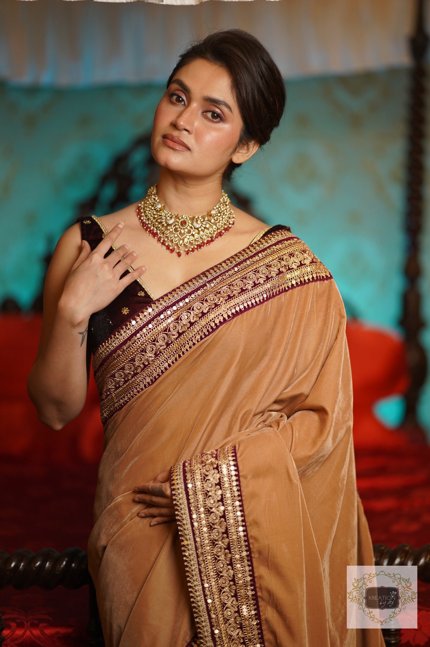 Beige Velvet Saree With Burgundy Border