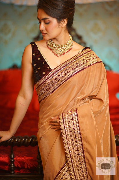 Beige Velvet Saree With Burgundy Border