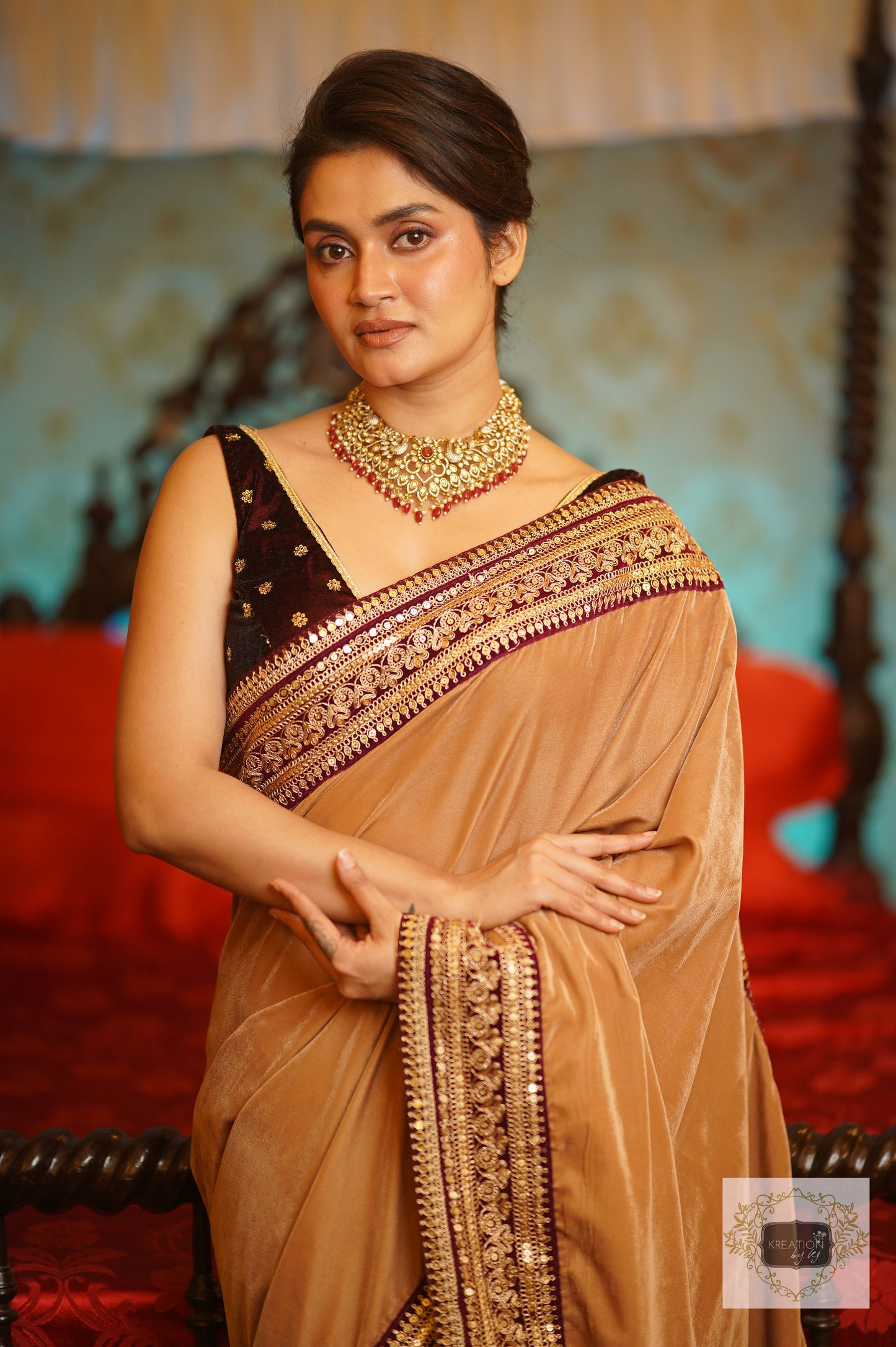 Beige Velvet Saree With Burgundy Border