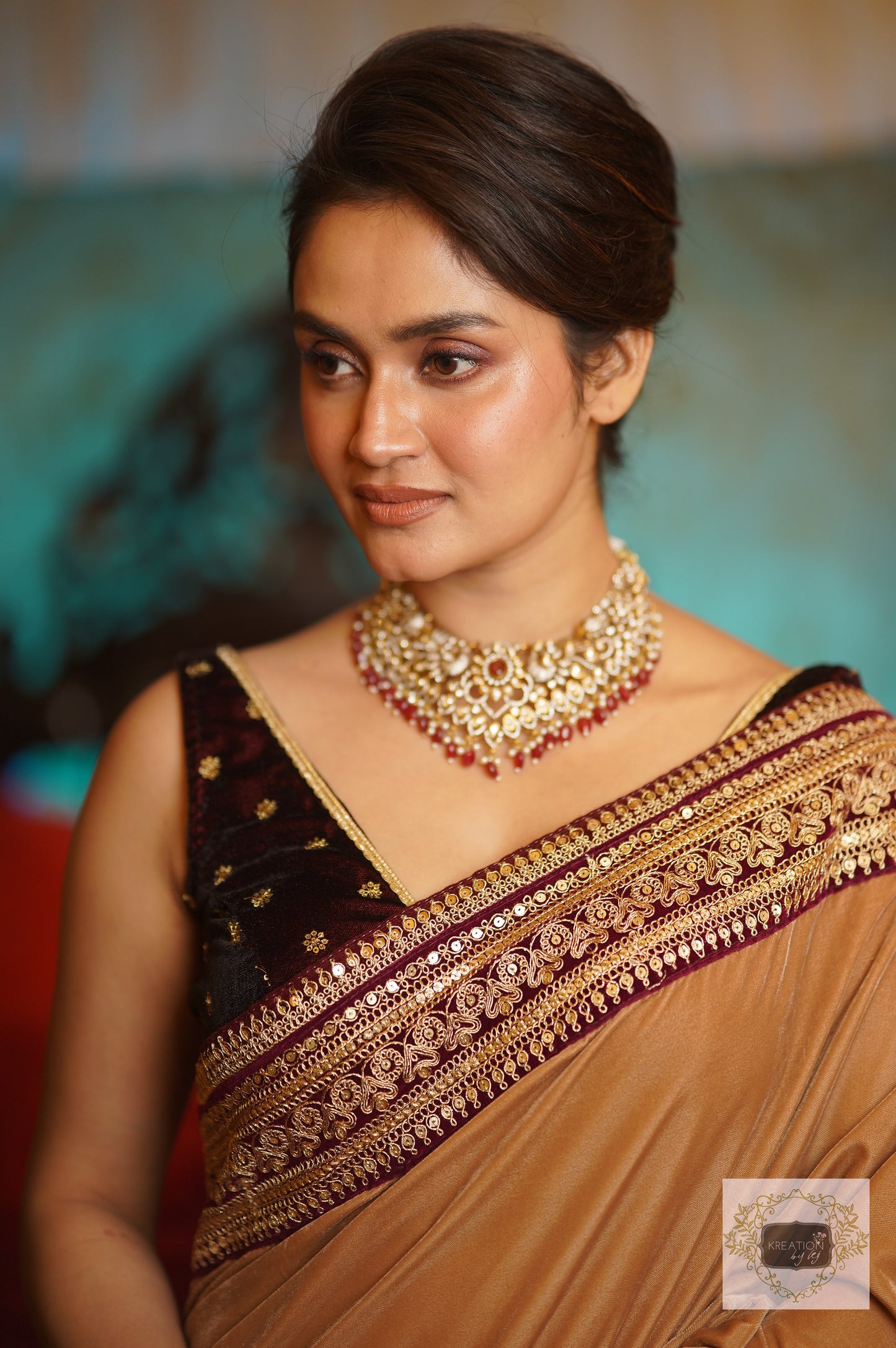 Beige Velvet Saree With Burgundy Border