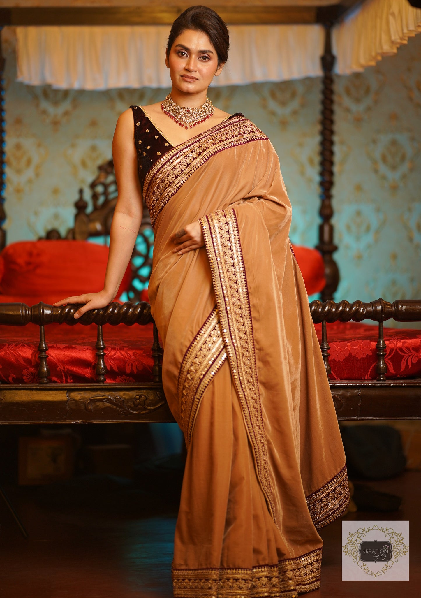 Beige Velvet Saree With Burgundy Border