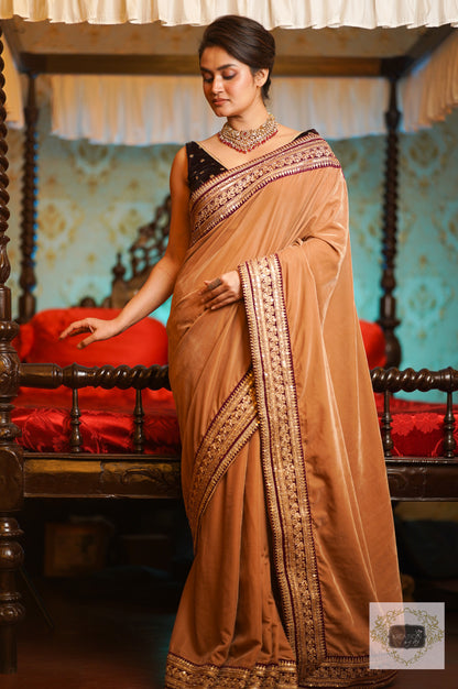 Beige Velvet Saree With Burgundy Border