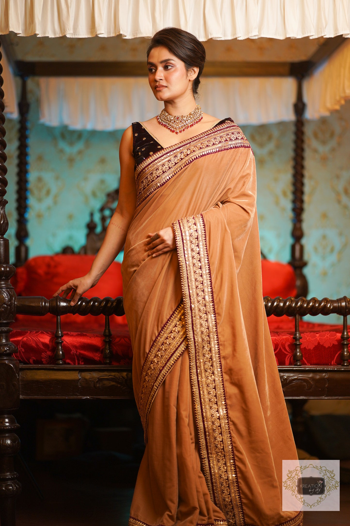 Beige Velvet Saree With Burgundy Border