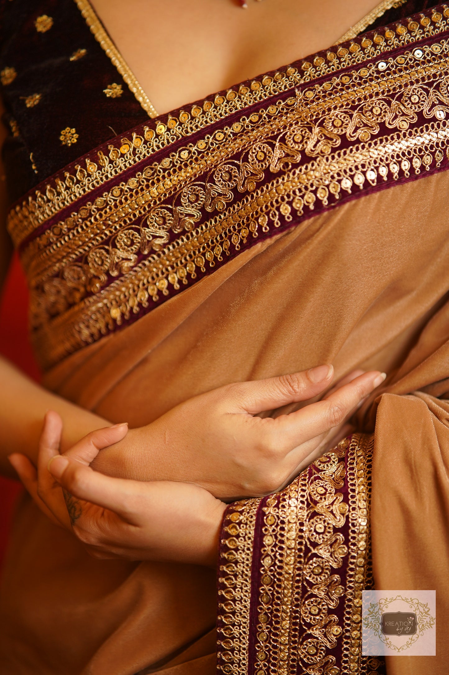 Beige Velvet Saree With Burgundy Border