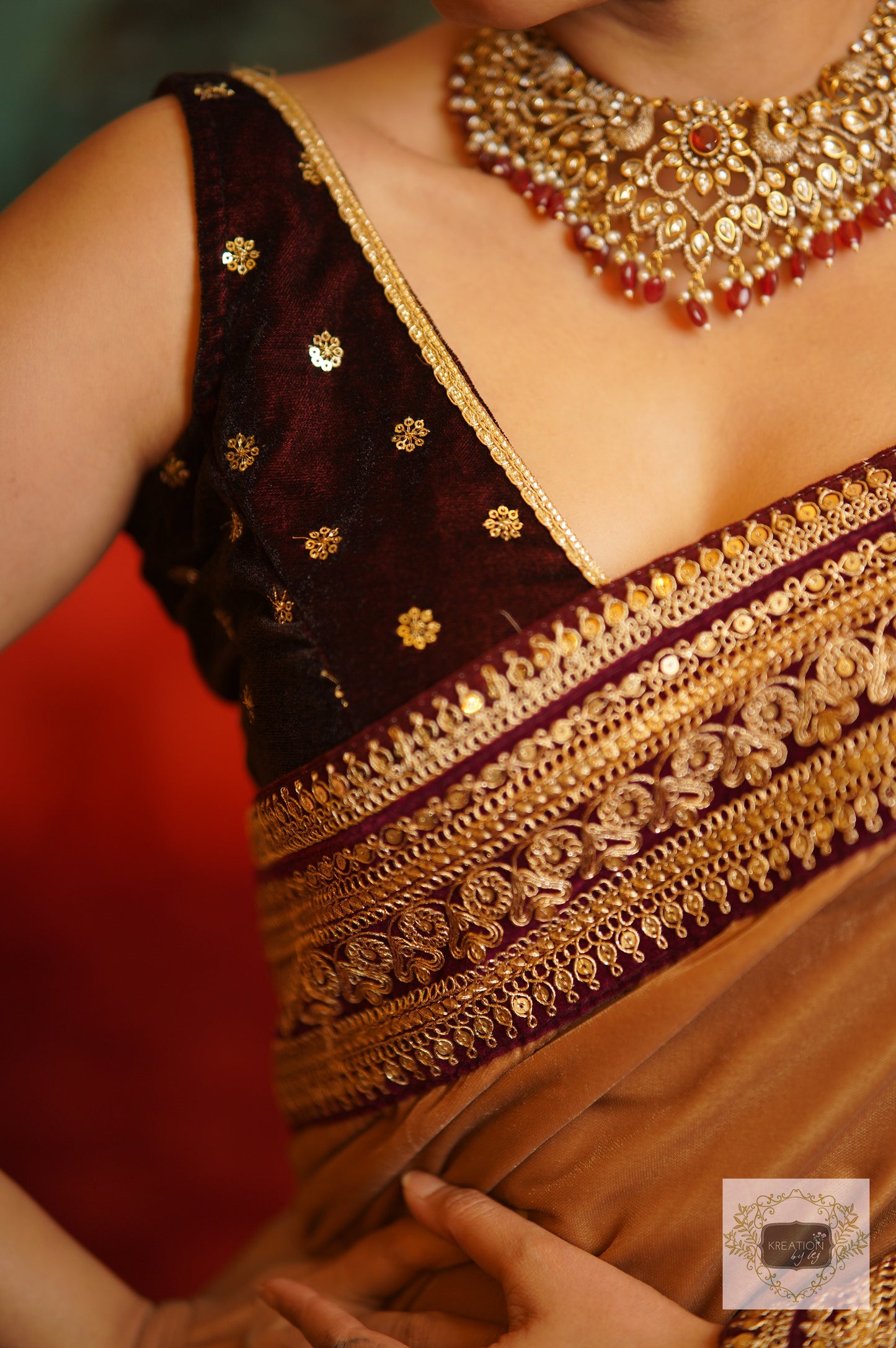 Beige Velvet Saree With Burgundy Border