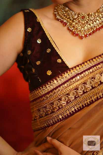 Beige Velvet Saree With Burgundy Border